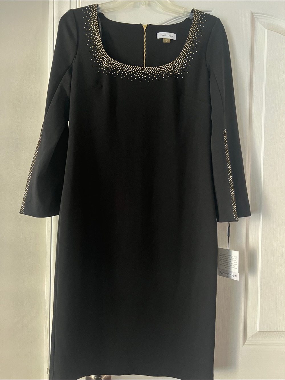 Calvin Klein Black Midi Sheath Dress with Gold Stud Detailing